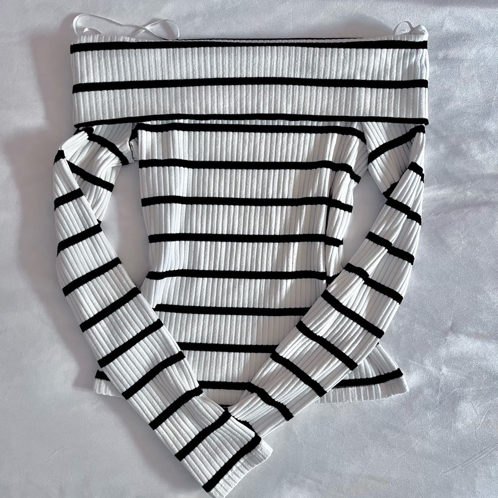 Stradivarius Off-Shoulder Sweater - Black and White Stripes